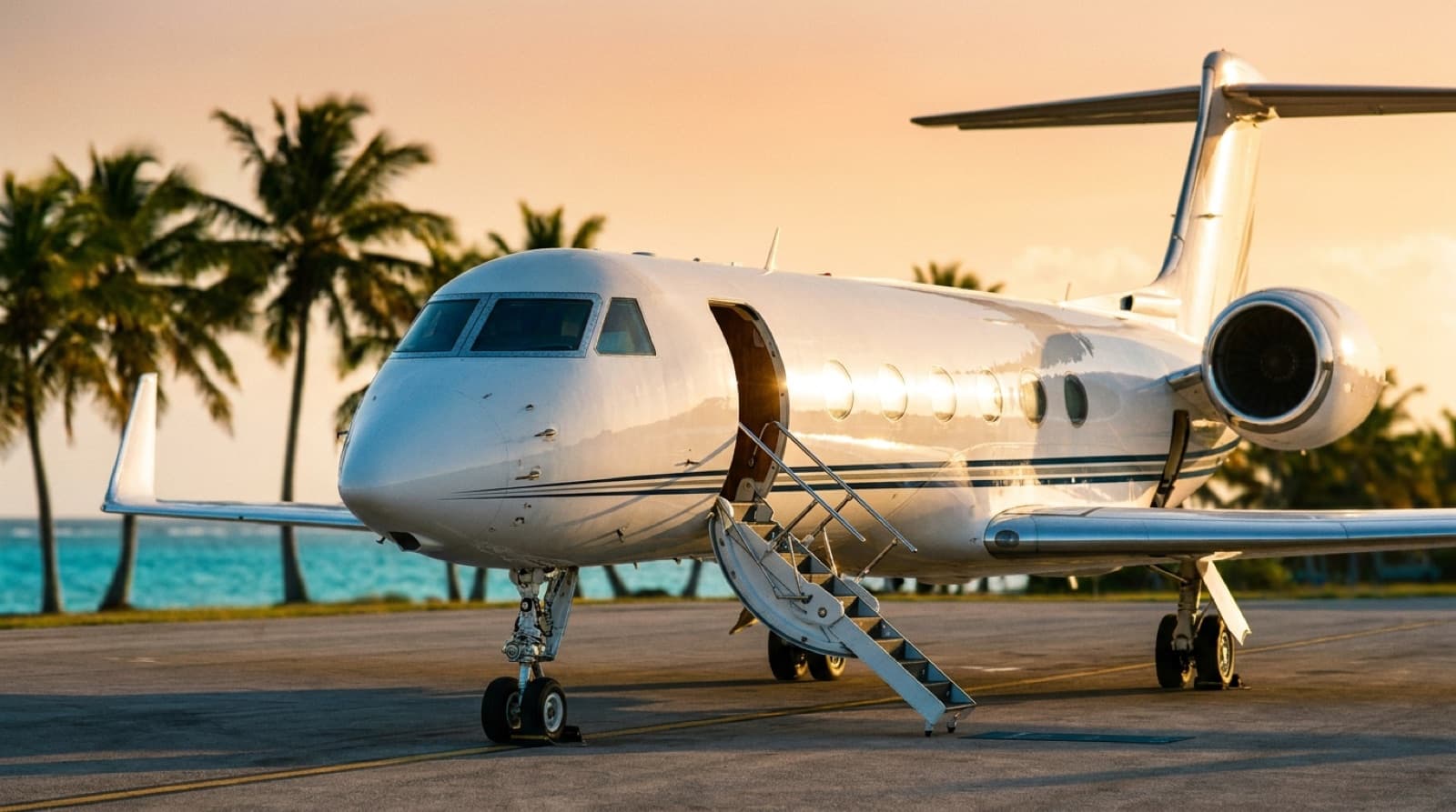 A private jet on a palm-lined Caribbean tarmac at golden hour